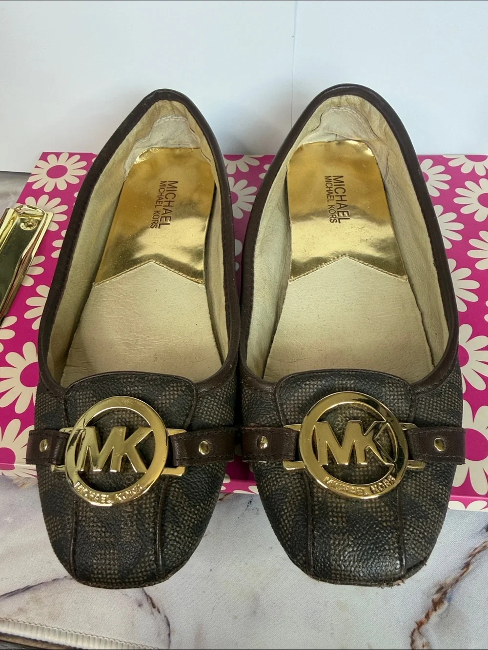 Michael‎ Kors Brown Logo-Print Ballet Flat with Gold MK Emblem
